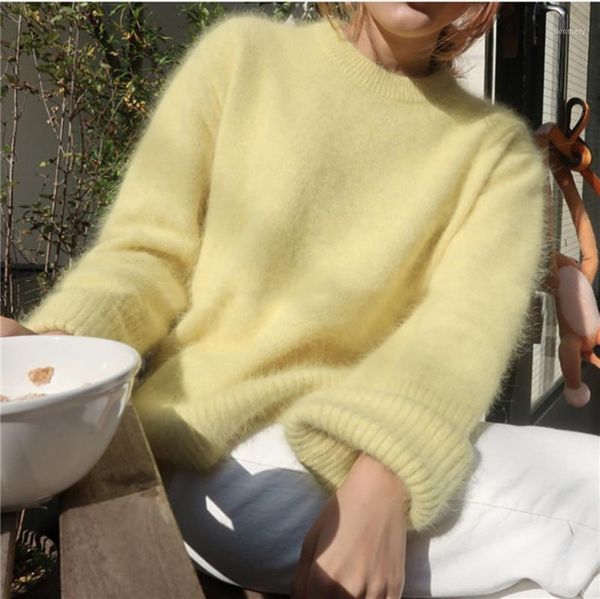 

hamaliel korean chic mink cashmere warm women sweater winter fashion yellow knitted soft casual long sleeve loose pullovers1, White;black