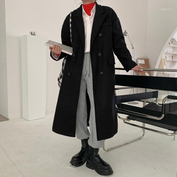 

large size women's clothing 2021 winter slimming long black woolen coat baggy coat women1