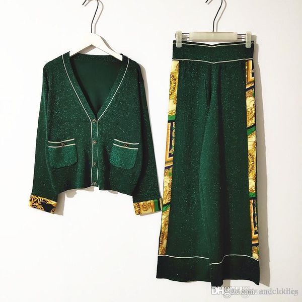 

autumn winter women clothes new fashion two piece outfits chiffon stitching v-neck knit cardigan + long pants 2 piece set plus size s-xl, White