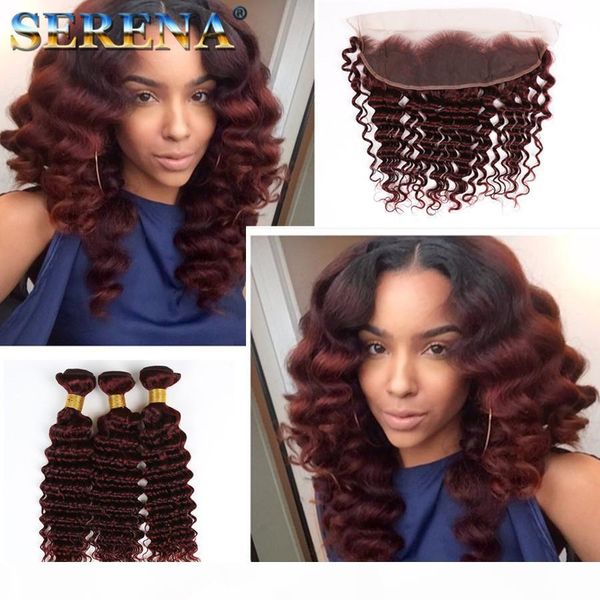 

99j brazilian hair 3 bundles with closure deep wave with 13x4 frontal human hair lace closure with bundles deep curly bundles and closure, Black;brown