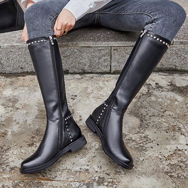 

boots botas mujer 2021 casual shoes women knee high rivets real leather fashion brand ladies footware long black