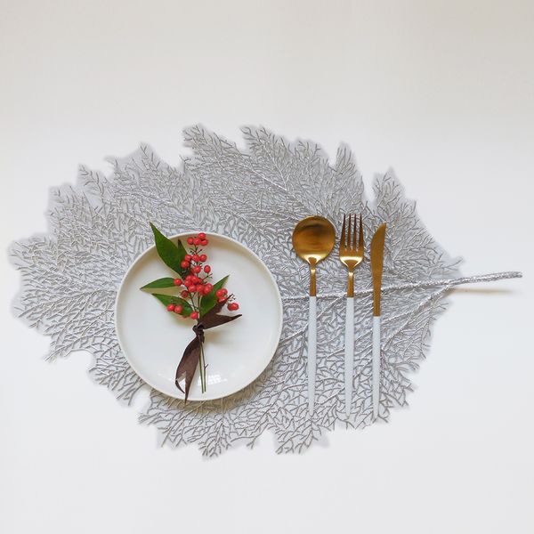 

1pcs kitchen placemat silver artificial leaf eva dining table mat non-slip coral branch pad waterproof disc pads coasters decor