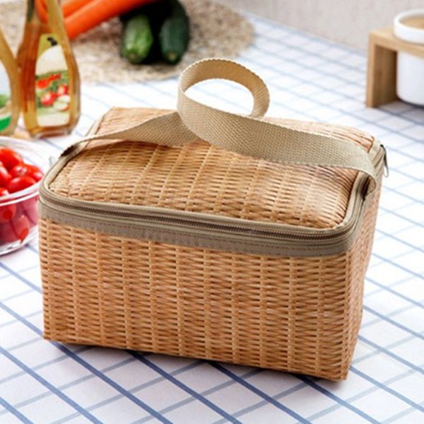 

rattan waterproof thermal insulation lunch bag portable picnic food storage container large, Blue;pink