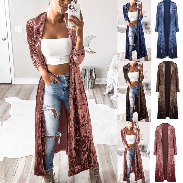

women ladies autumn winter velvet long sleeve overcoat cardigan casual plain lightweight long jacket coat outerwear1, Black;brown