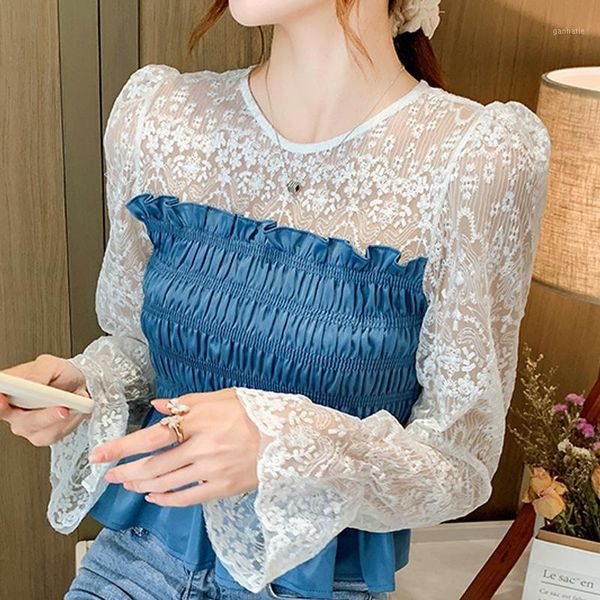 

long sleeve blouse women blusas mujer de moda 2020 hollow out lace chiffon blouse shirt blusa womens and blouses d8341, White