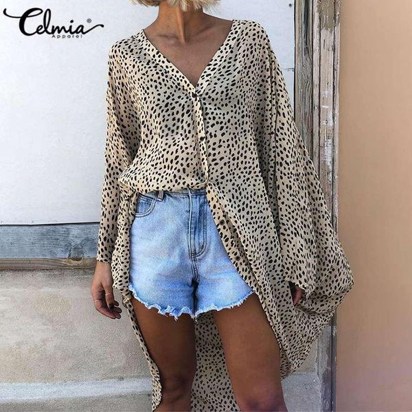 

vintage women long shirts celmia 2021 fashion leopard print blouse long sleeve loose v-neck asymmetrical plus size 5xl, White