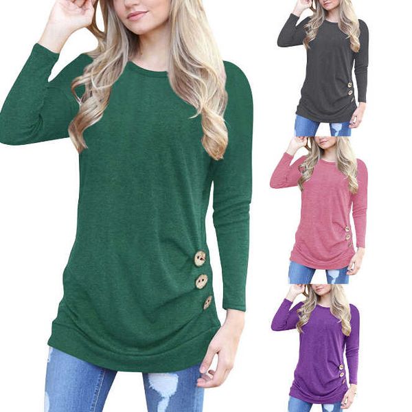 

women's t-shirts autumn fall long sleeved buttons design o-neck casual slim fit tshirts tees, White