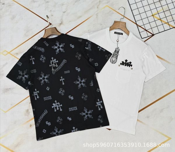 

new summer 20s fashion brand ch kroxin printed short-sleeved t-shirt front pocket leather embroidered hit hardware, Black