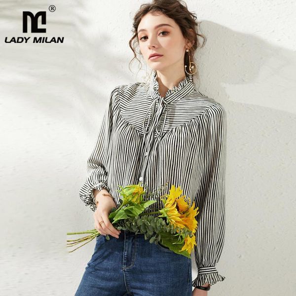 

women's blouses & shirts 100% natural silk women's runway ruffled collar lace up long sleeves striped printed fashion blouse shirt, White