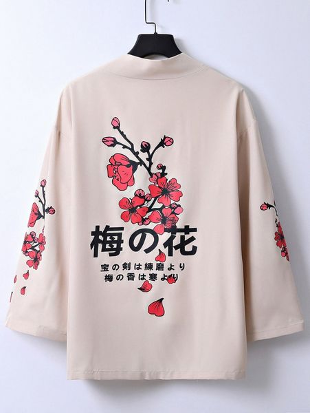 

men japanese letter & floral print drop shoulder kimono without tee w2np#, White;black