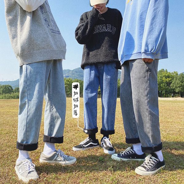 

2021 new men's thicken warm autumn winter new woman solid color korean streetwear jeans fashion denim pants dvh5, Blue