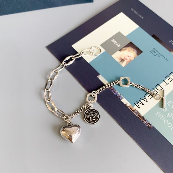 

korean thai silver old female stereo heart bracelet love s925 sterling silver bracelet guardian angel wings zjzgc, Golden;silver
