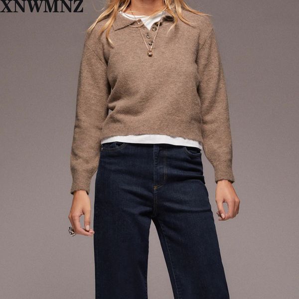 

xnwmnz za women vintage knit polo sweater shirt collar long sleeves polo-style button female casual, White;black