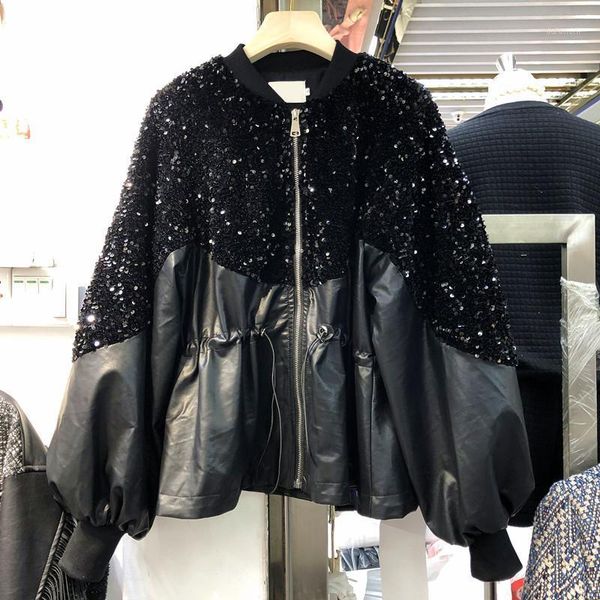 

streetwear chic drawstring sequin stitching faux pu leather jacket women autumn loose lantern sleeve biker coat casacos feminino1, Black
