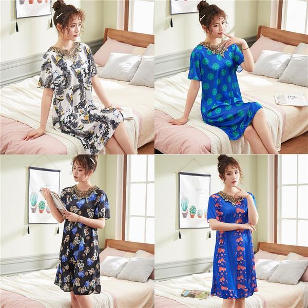 

2020 ladies fashion new casual ladies summer o-neck casual floral print short sleeve irregular retro nightdress1, Black;red