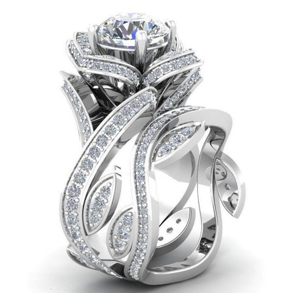 

925 sterling silver flower leaf round cut clear cz diamond 4.50ct wedding bridal ring, Golden;silver