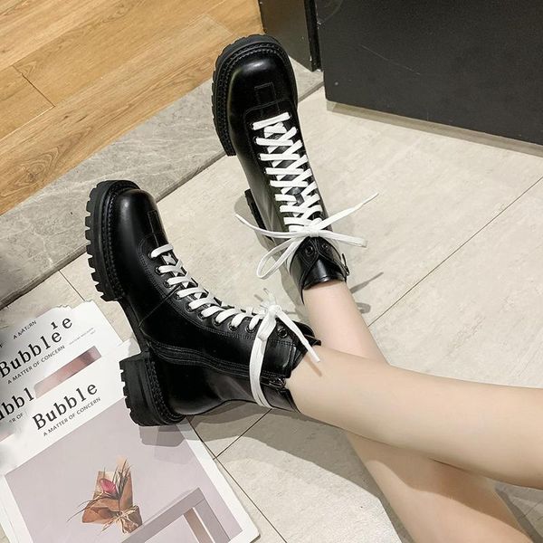 

dropshipping 2020 pu leather waterproof ankle boots for women winter fashion flat heels lace up botas mujer platform shoes, Black