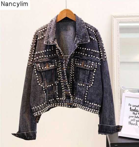 

hand studded rivet denim jacket women loose short jackets ladies jeans jacket basic coats student streetwear1, Black;brown