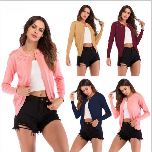 

women beaded knitted cardigan sweater winter autumn 2020 fashion knitted sweaters female outwear casual, White