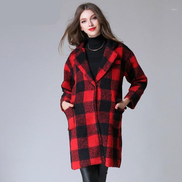 

women europe style plus size casaco feminino ladies winter new slim long woolen coats classic plaid long sleeve spring wool coat1, Black