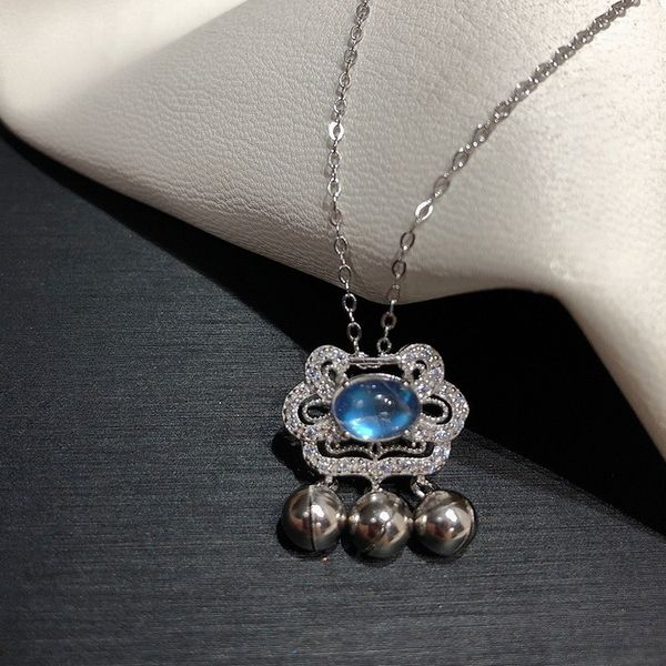 

jewelry national style small pendant s925 silver blue moonstone ruyi bell necklace