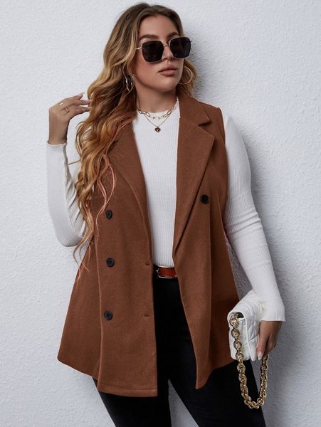 

plus double breasted sleeveless overcoat c8z4#, Black