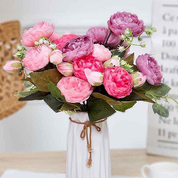 

5 heads silk peony artificial flowers for wedding home decoration fake flowers roses pink red festival party supplies1