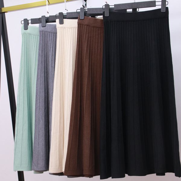 

2021 new vintage elegant winter women sweater skirt elastic high waist pleated midi knitted a-line female solid thick skirts 97it, Black