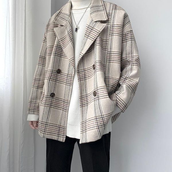 

winter thick plaid woolen coat men's fashion retro casual short woolen coat men loose korean style oversize mens, Black