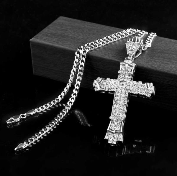 

silver cross charm retro ice full out cz simulated diamonds catholic crucifix pendant necklace with long cuban chain