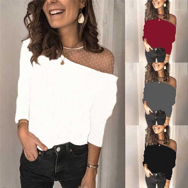 

vintage blouse see-through long sleeve polka dot blouse o neck lady office shirt tunic casual loose plus size blusas1, White