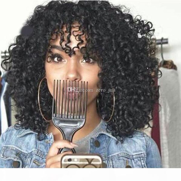 

kinky curly with bangs full lace human wig for black woman indian afro kinky curly lace front virgin hair wig short curly wig, Black;brown