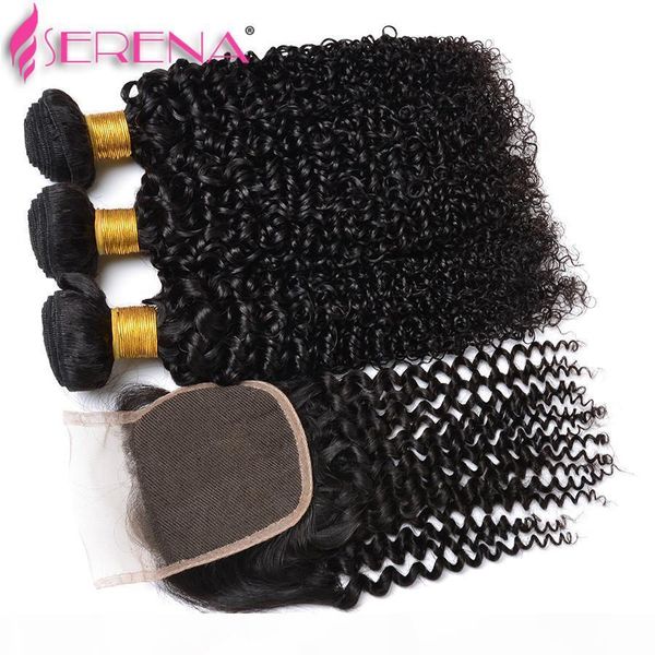 

9a brazilian virgin hair 4pcs lot indian kinky curly human hair weave 3 bundles with lace closure hair piece 30 inch weaves closure, Black;brown