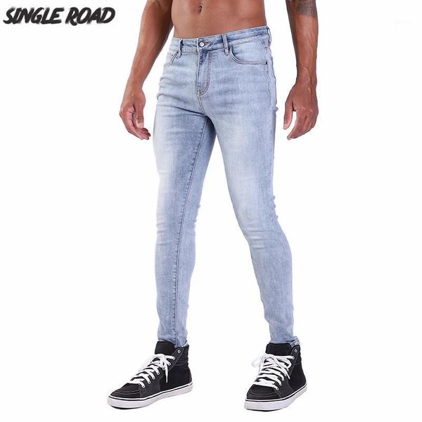 

single road super skinny jeans men 2021 new mens distressed blue jeans stretch denim pants elastic slim fit brand man male1