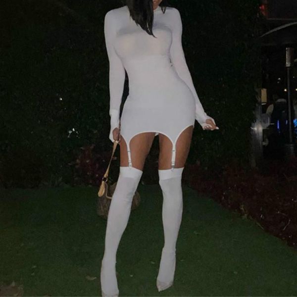 

2020 girl solid bodycon fashion women mini dress with stocking long sleeve clubwear skinny party dresses autumn, Black;gray