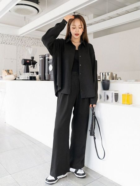 

dazy solid drop shoulder button front blouse & pants c5mi#, White