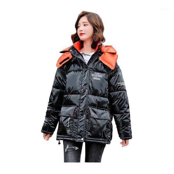 

chic women short winter jacket student hooded glossy bio down coat oversize cotton padded parkas1, Black