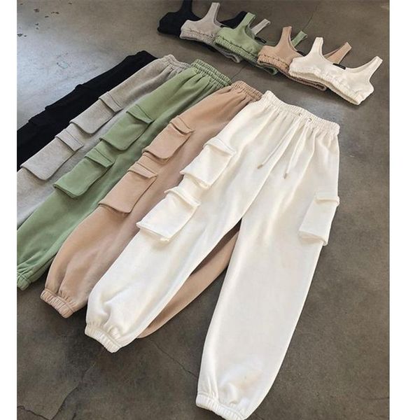 

2021 women harem pants autumn spring vintage patchwork joggers sweatpants pockets elastic high waist solid color trousers, Black;white