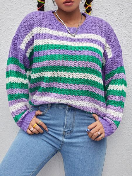 

plus block striped pattern drop shoulder sweater 57io#, Black