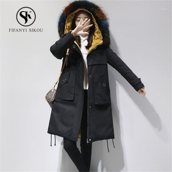 

winter long down jacket women fashion natural raccoon dog fur collar hooded down coat womens warm parkas casual duck coats1, Black