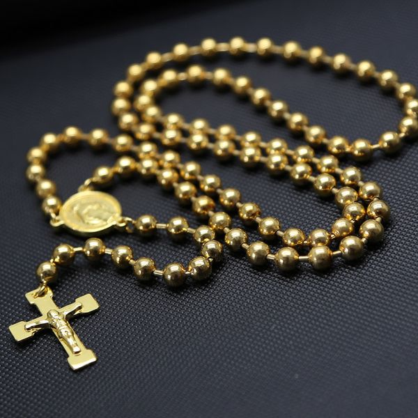 

4/6mm ball bead chain christ virgin jesus cross pearl chain gold-plated necklace rosary chain, Golden;silver