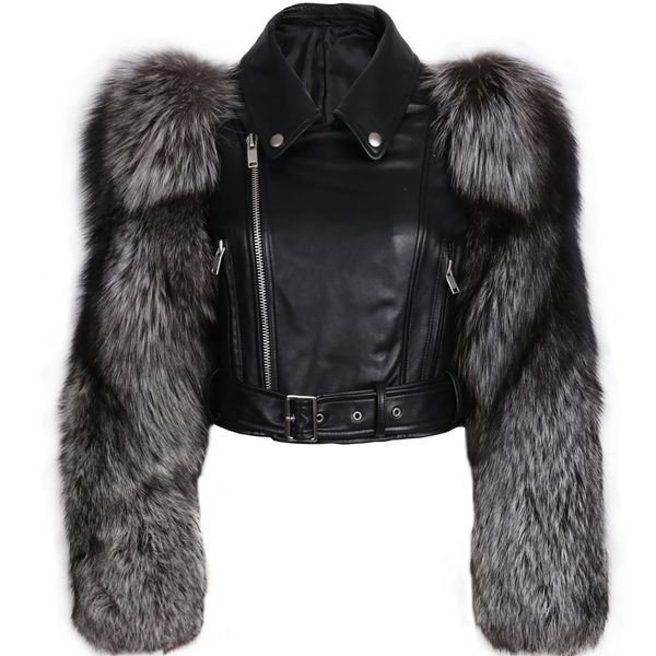 

genuine leather jacket fur sleeve women real leather and fur jacket 201030, Black