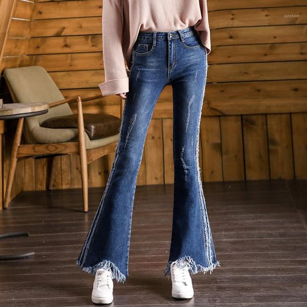 

high waisted jeans women fringed flared trousers women's new drape large size was thin side striped jeans1, Blue