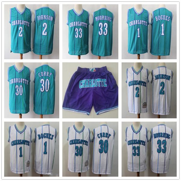 

2021 hornets throwback 33 alonzo mourning 2 larry johnson 1 bogues 30 dell curry basketball shorts basketball jerseys blue, Black;red