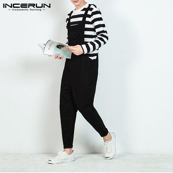 

incerun pockets vintage joggers loose cotton rompers man suspender bottoms mens fashion jumpsuits solid color overalls plus size1, Black