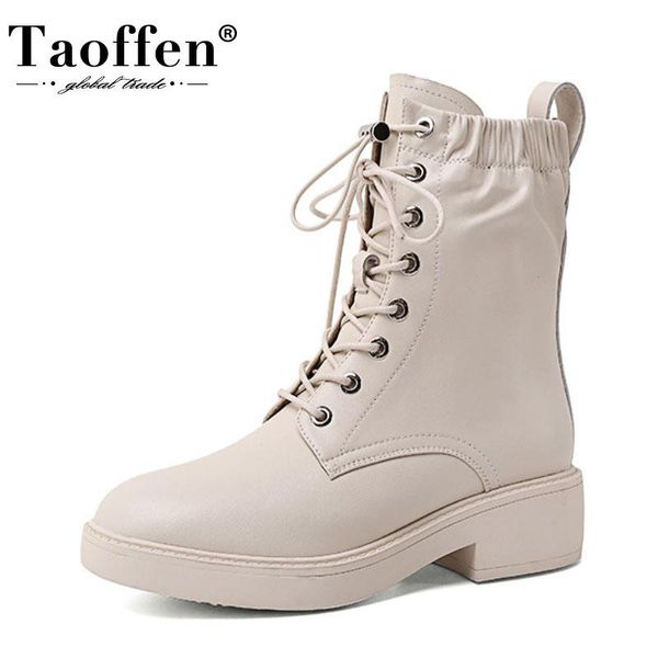 

taoffen real leather women ankle boots flats stretch lace up shoes round toe winter warm boots fashion women footwear size 34-39, Black