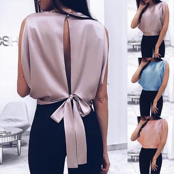 

элегантный танк женщины без рукавов открыть назад bowknot vest crop tops vintage workwear партии танков для 3 цветов, White