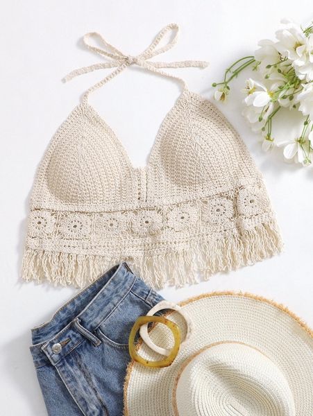 

crochet fringe hem knot cover up h3md#, White;black