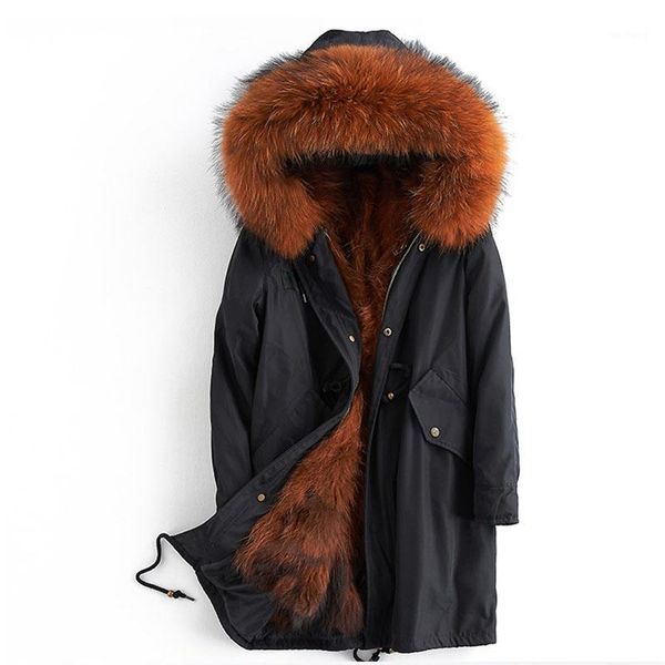 

2020 new winter coat women raccoon fur liner female korean parka mid-length coat detachable jacket oversized plus size1, Black