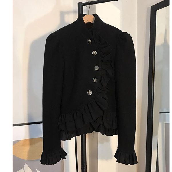 

sondr vintage all match black jackets coats 2021 women coat ruffle standing collar irregular coats jackets women asymmetry, Black;brown